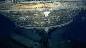 The stern of the Endurance with the name and emblematic polestar. (Photo: Falklands Maritime Heritage Trust and National Geographic)